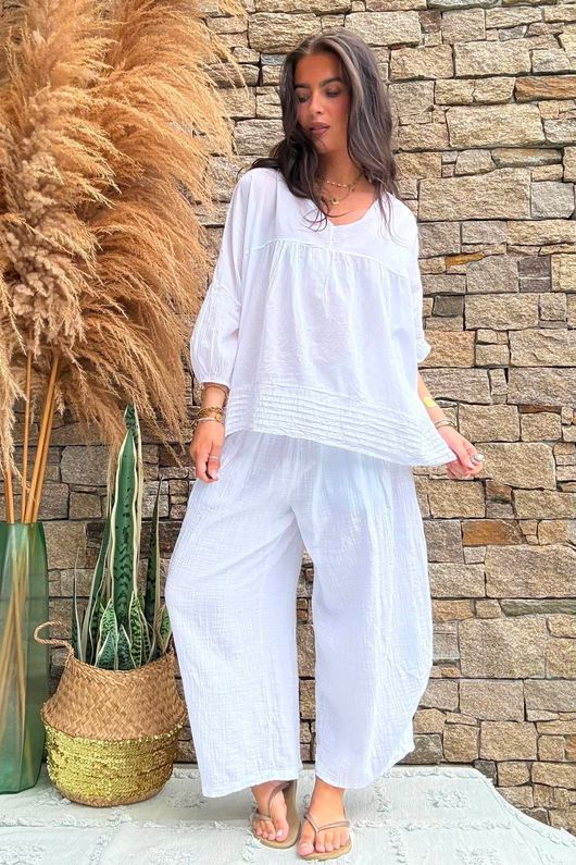 Annie Cushion Cotton Barrel Culotte Pant White